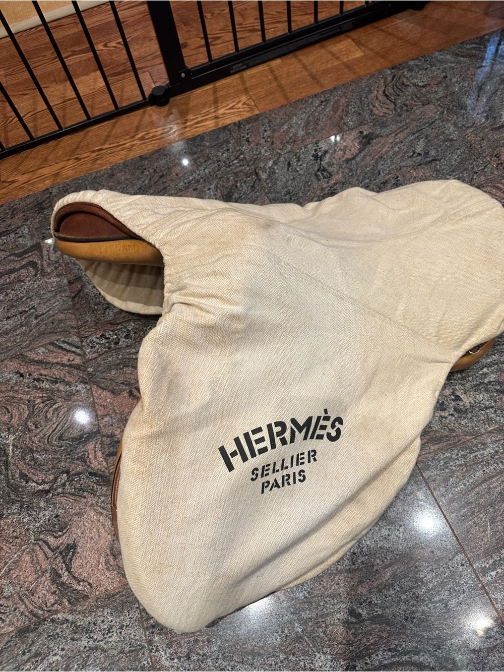 Hermès Canvas Saddle Cover in Beige with Black Logo with brown leather saddle
